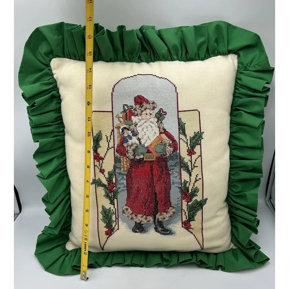 Vintage Handmade Cross Stitch Christmas Pillow Santa‎ Claus Ruffled Trim